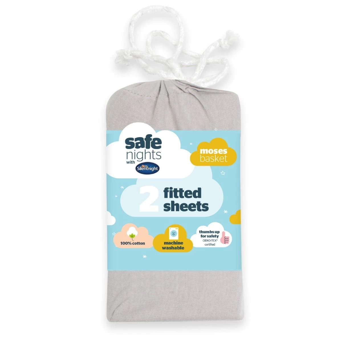 Silentnight Safe Nights 2 Pack Fitted Sheet, Moses Basket - Grey 1 Silentnight Safe Nights 2 Pack Fitted Sheet, Moses Basket - Grey