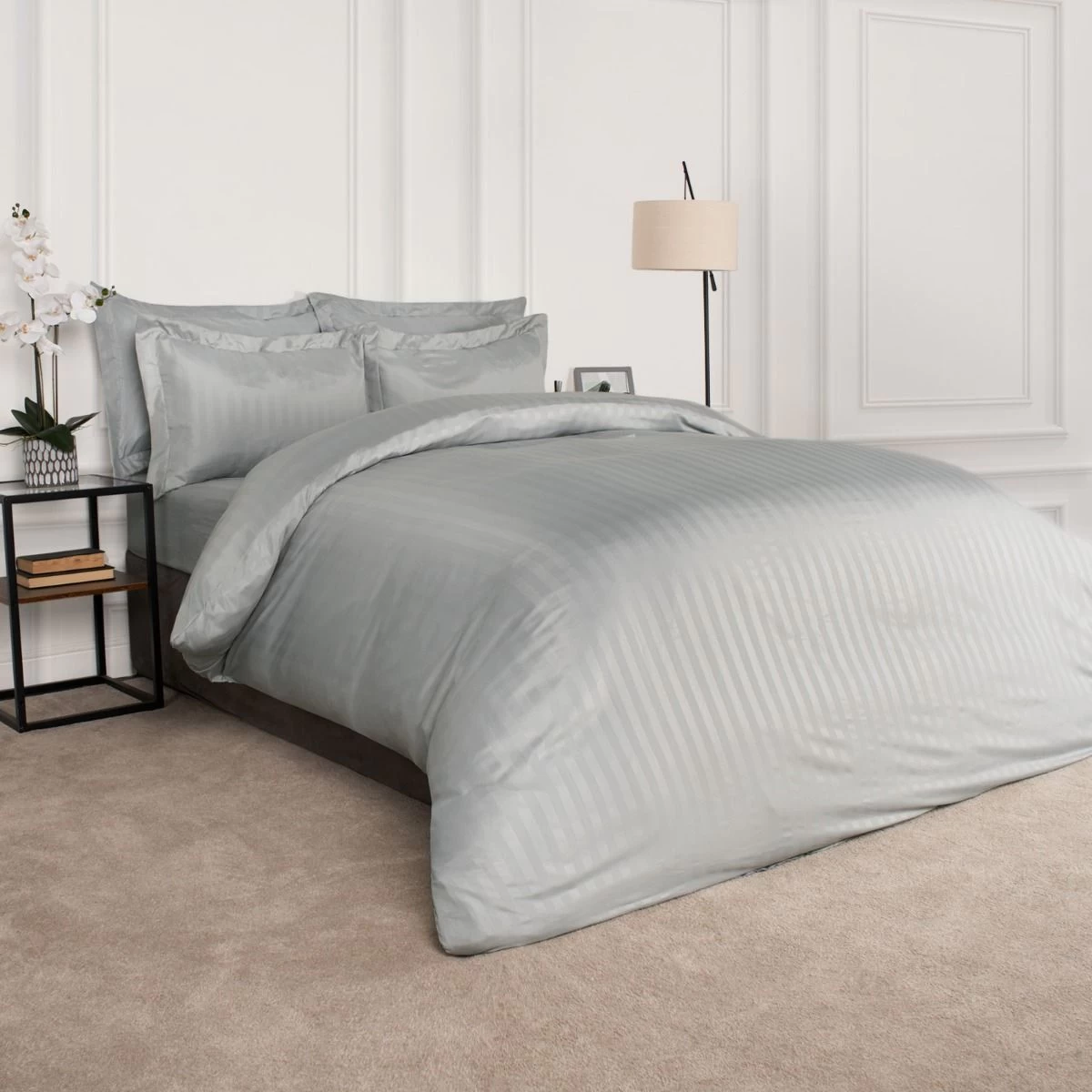 Brentfords Satin Stripe Duvet Cover Set - Silver 2 Brentfords Satin Stripe Duvet Cover Set - Silver - Image 2
