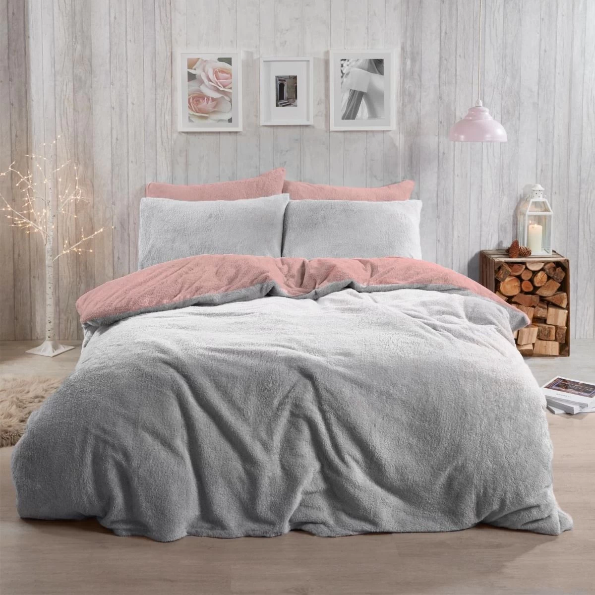 Brentfords Teddy Fleece Reversible Duvet Cover Set - Blush Pink/Grey 3 Brentfords Teddy Fleece Reversible Duvet Cover Set - Blush Pink/Grey - Image 3
