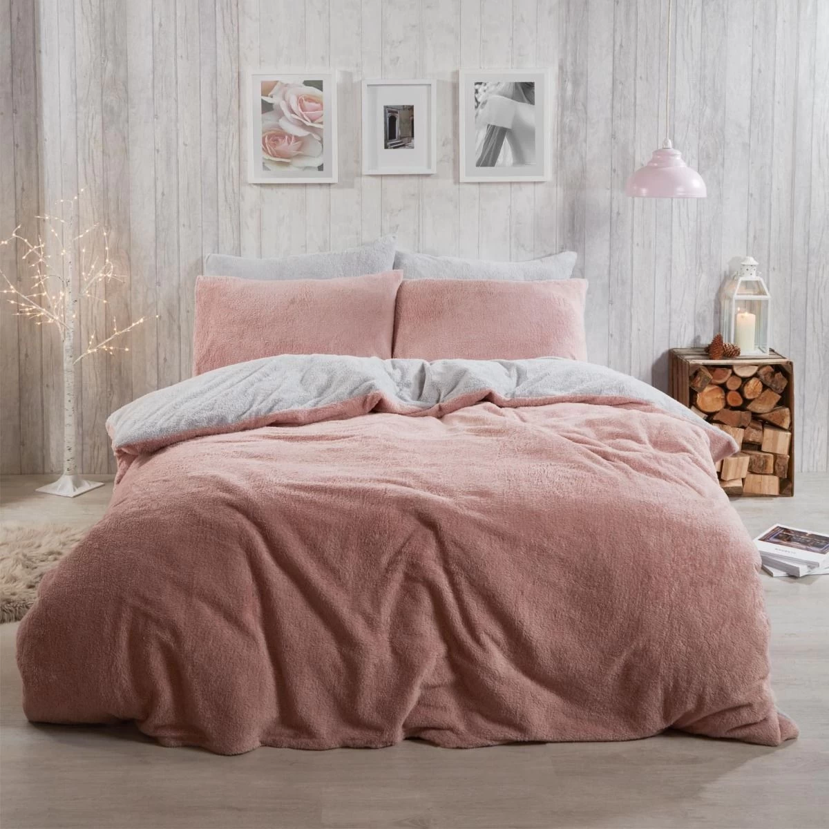 Brentfords Teddy Fleece Reversible Duvet Cover Set - Blush Pink/Grey 4 Brentfords Teddy Fleece Reversible Duvet Cover Set - Blush Pink/Grey - Image 4