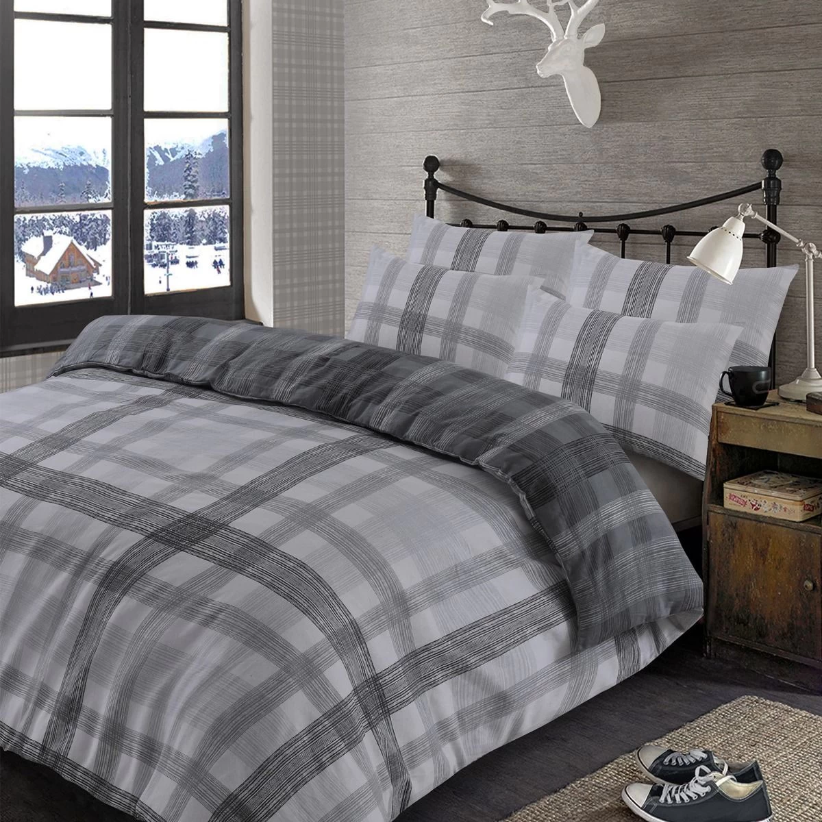 Dreamscene Boston Brushed Cotton Duvet Cover Set - Grey 1 Dreamscene Boston Brushed Cotton Duvet Cover Set - Grey