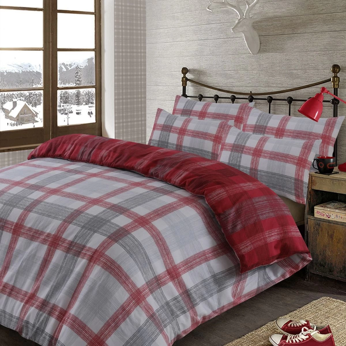 Dreamscene Boston Brushed Cotton Duvet Cover Set - Red 1 Dreamscene Boston Brushed Cotton Duvet Cover Set - Red