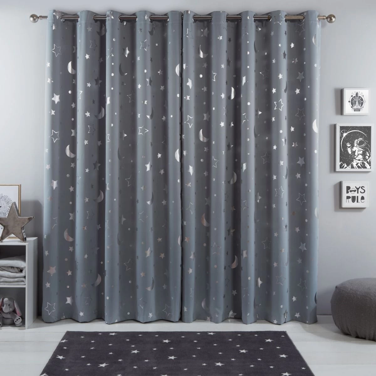 Dreamscene Star Blackout Galaxy Kids Curtains - Silver Grey 2 Dreamscene Star Blackout Galaxy Kids Curtains - Silver Grey - Image 2