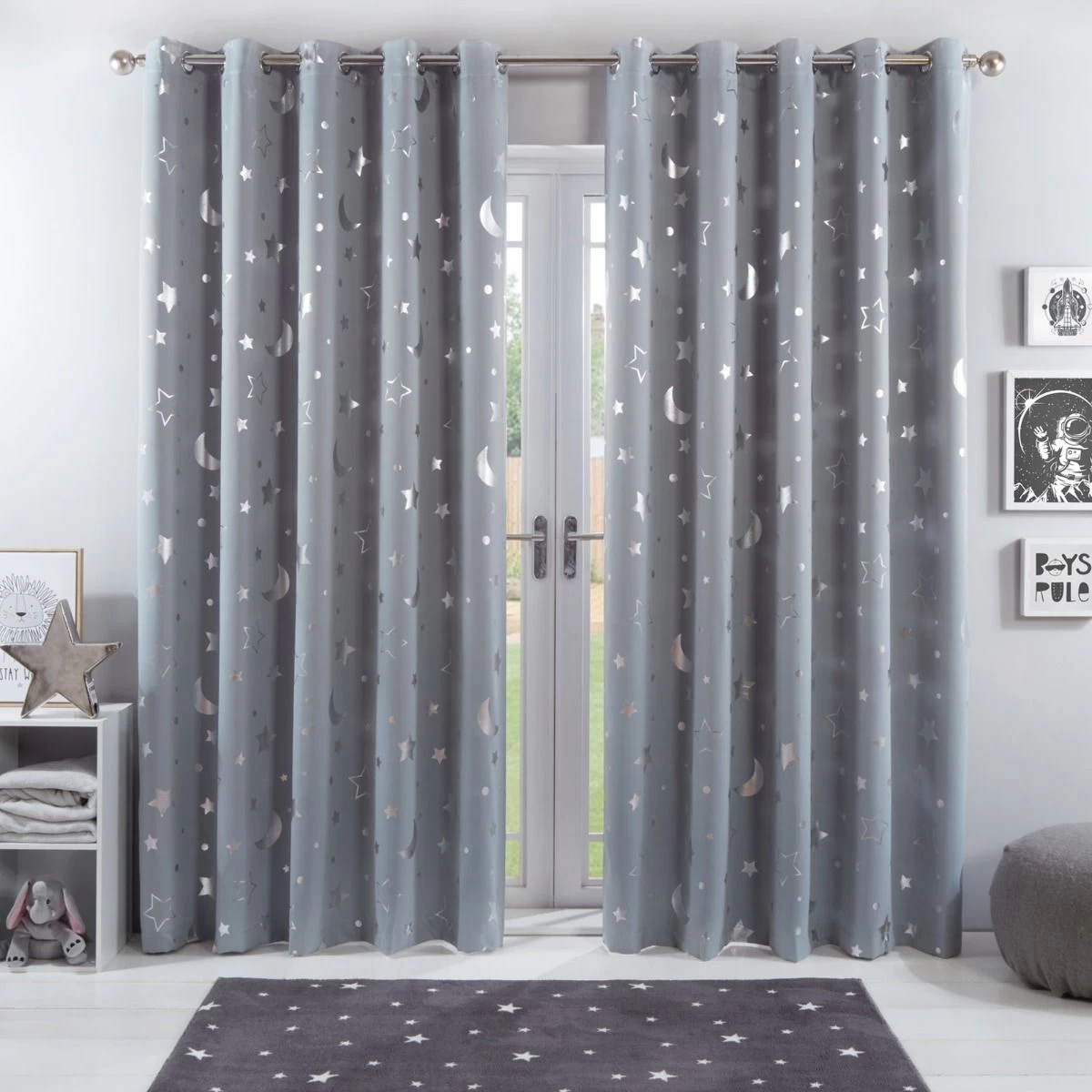Dreamscene Star Blackout Galaxy Kids Curtains - Silver Grey 1 Dreamscene Star Blackout Galaxy Kids Curtains - Silver Grey