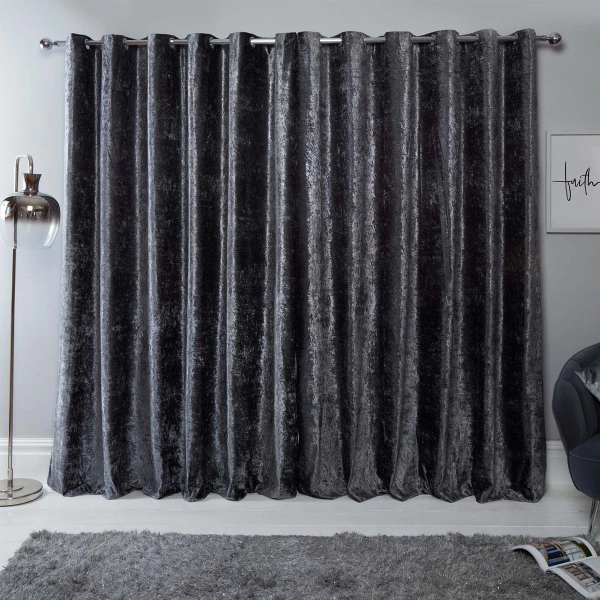 Sienna Home Crushed Velvet Eyelet Curtains - Charcoal Grey 2 Sienna Home Crushed Velvet Eyelet Curtains - Charcoal Grey - Image 2