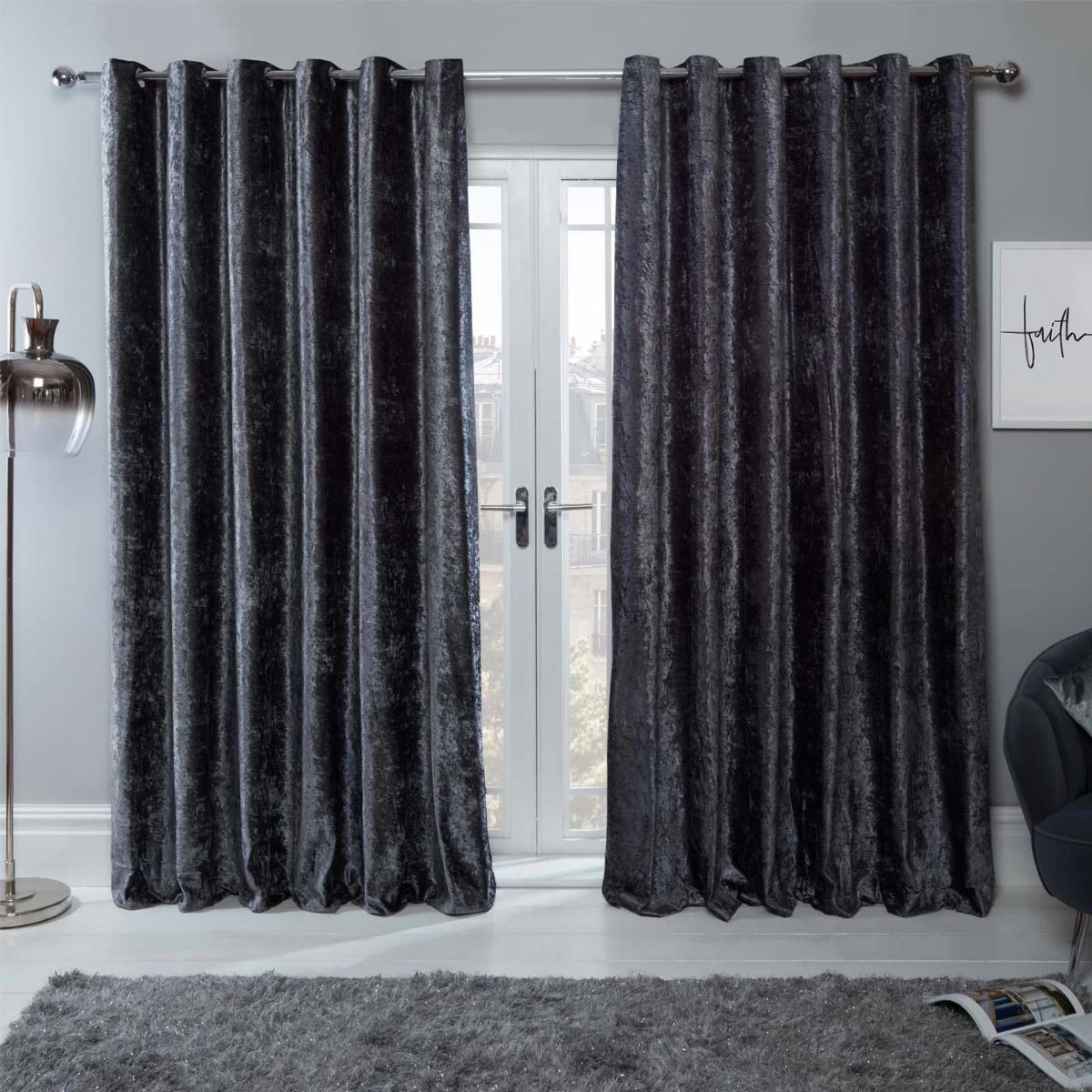 Sienna Home Crushed Velvet Eyelet Curtains - Charcoal Grey 1 Sienna Home Crushed Velvet Eyelet Curtains - Charcoal Grey
