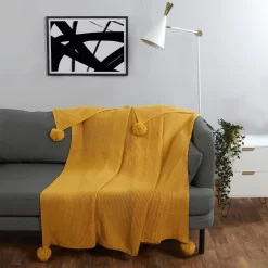 Dreamscene Large Chunky Knit Pom Pom Throw, Mustard Yellow Ochre - 150 X 180cm