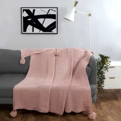 Dreamscene Large Chunky Knit Pom Pom Throw, Blush Pink - 150 X 180cm