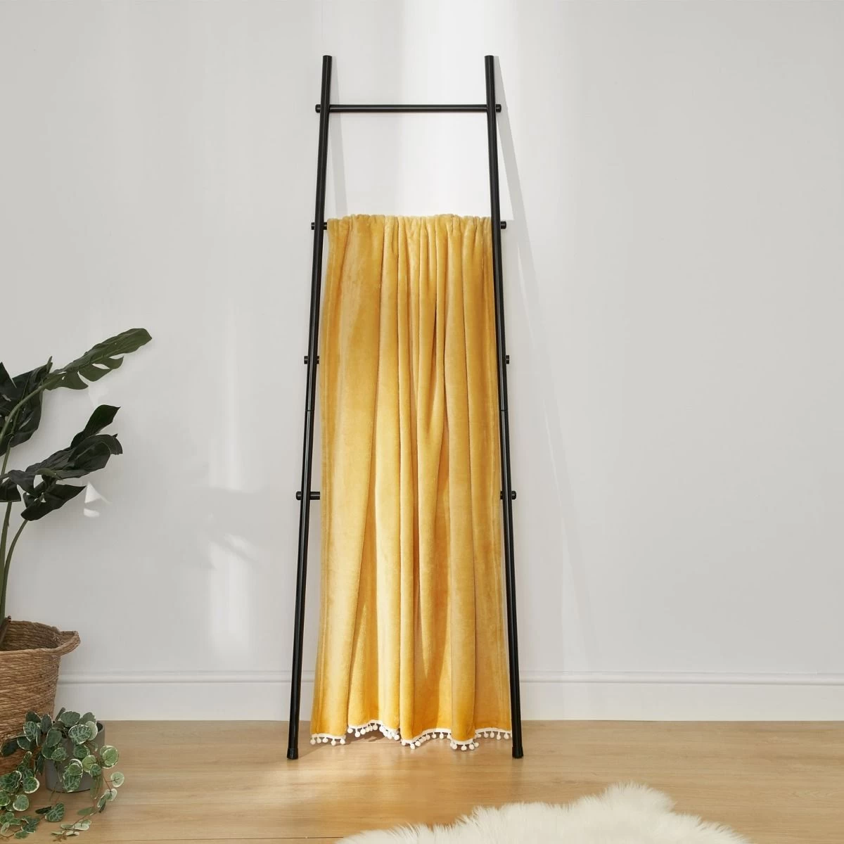 Dreamscene Flannel Fleece Pom Pom Throw - Ochre 3 Dreamscene Flannel Fleece Pom Pom Throw - Ochre - Image 3