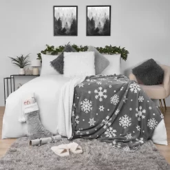 Dreamscene Snowflake Print Sherpa Throw, Grey - 150 X 180cm