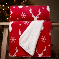 Dreamscene Stag Snow Print Sherpa Throw, Red - 150 X 180cm
