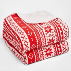 Dreamscene Nordic Print Sherpa Fleece Throw, Red/White - 150 X 180cm