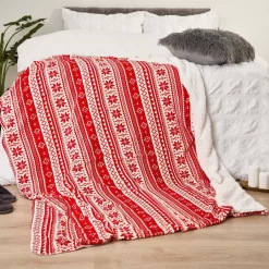 Dreamscene Nordic Print Sherpa Fleece Throw, Red/White - 150 X 180cm -Sienna Store dbshnorre 4s