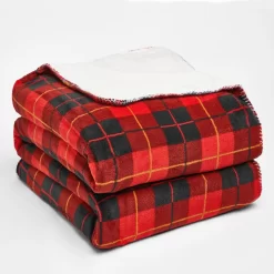 Dreamscene Large Tartan Sherpa Flannel Fleece Throw Blanket, Check Red - 150 X 180cm