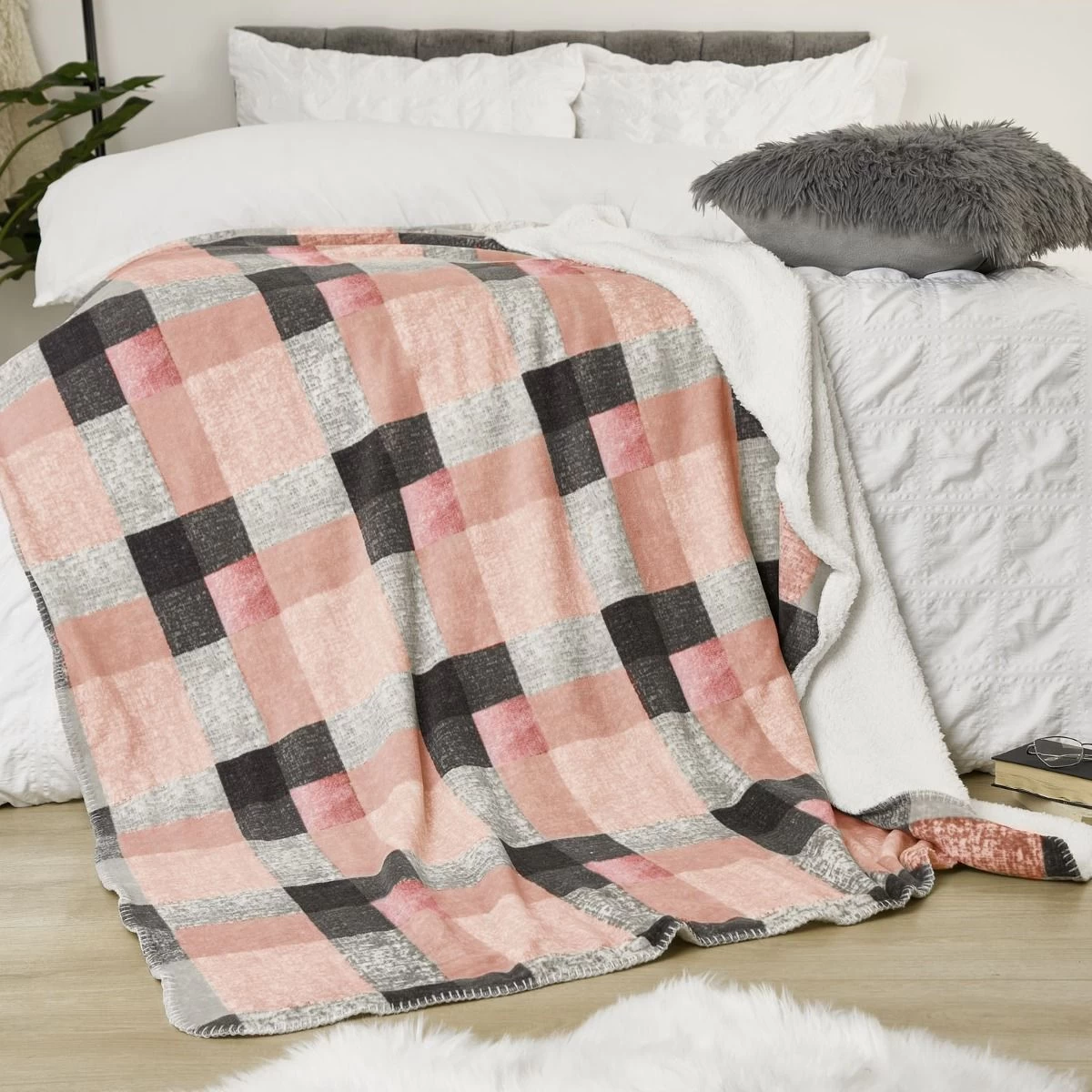 Dreamscene Tartan Check Fleece Throw, 150 X 180cm - Blush 5 Dreamscene Tartan Check Fleece Throw, 150 X 180cm - Blush - Image 5