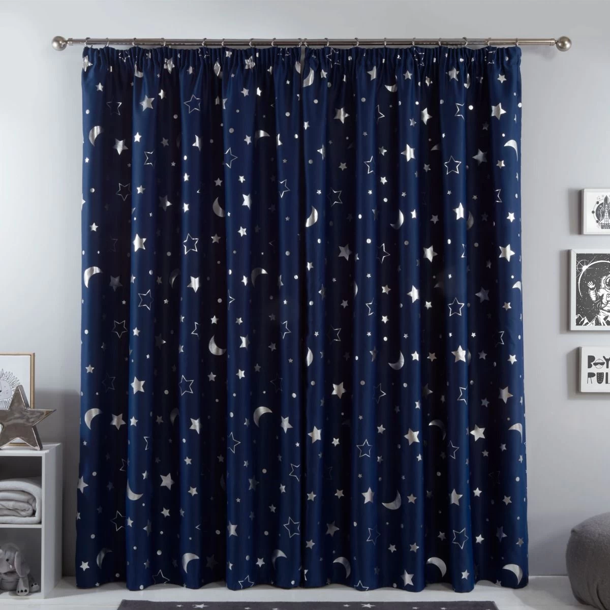 Dreamscene Galaxy Star Blackout Pencil Pleat Curtains - Navy Blue 2 Dreamscene Galaxy Star Blackout Pencil Pleat Curtains - Navy Blue - Image 2