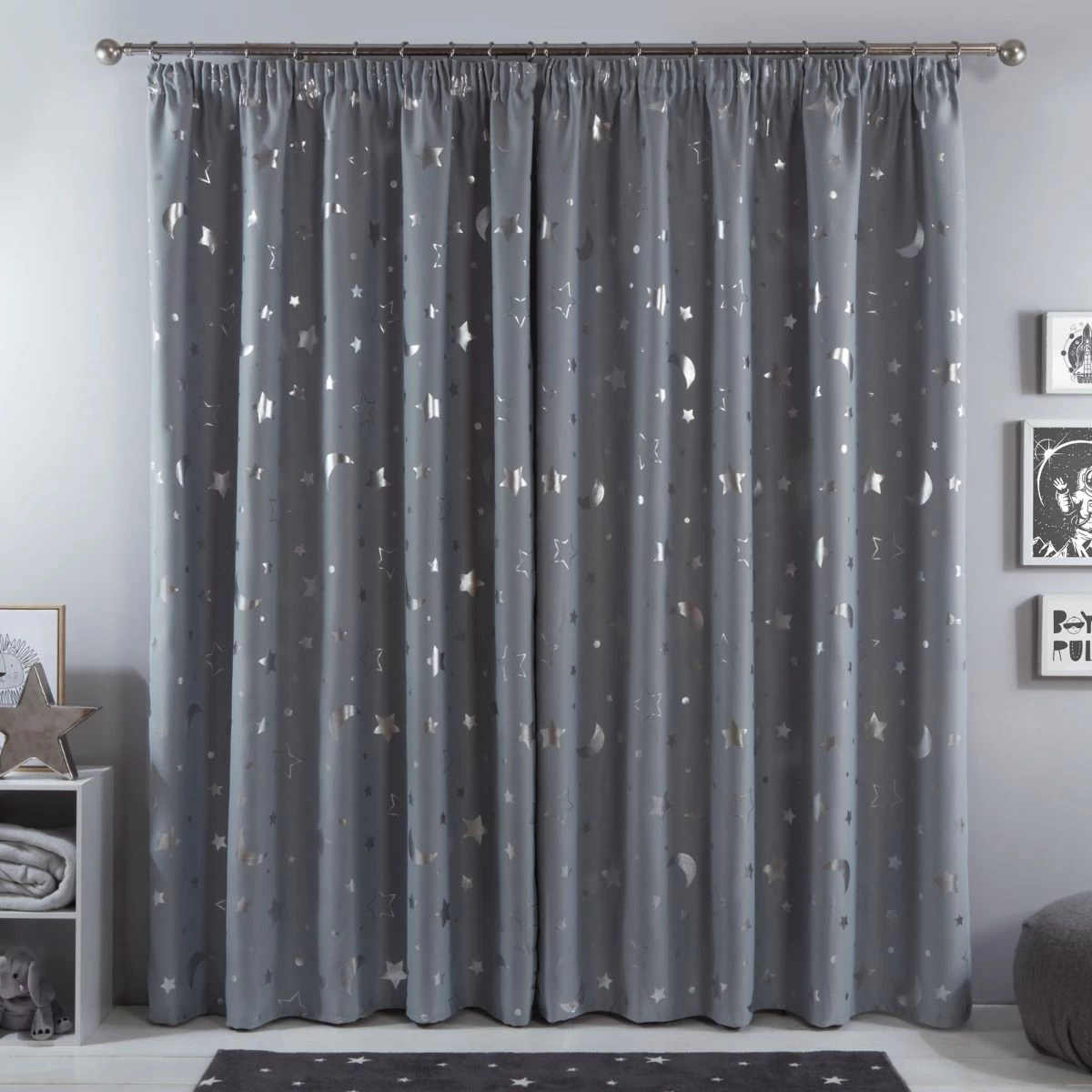 Dreamscene Galaxy Star Blackout Pencil Pleat Curtains - Silver Grey 2 Dreamscene Galaxy Star Blackout Pencil Pleat Curtains - Silver Grey - Image 2