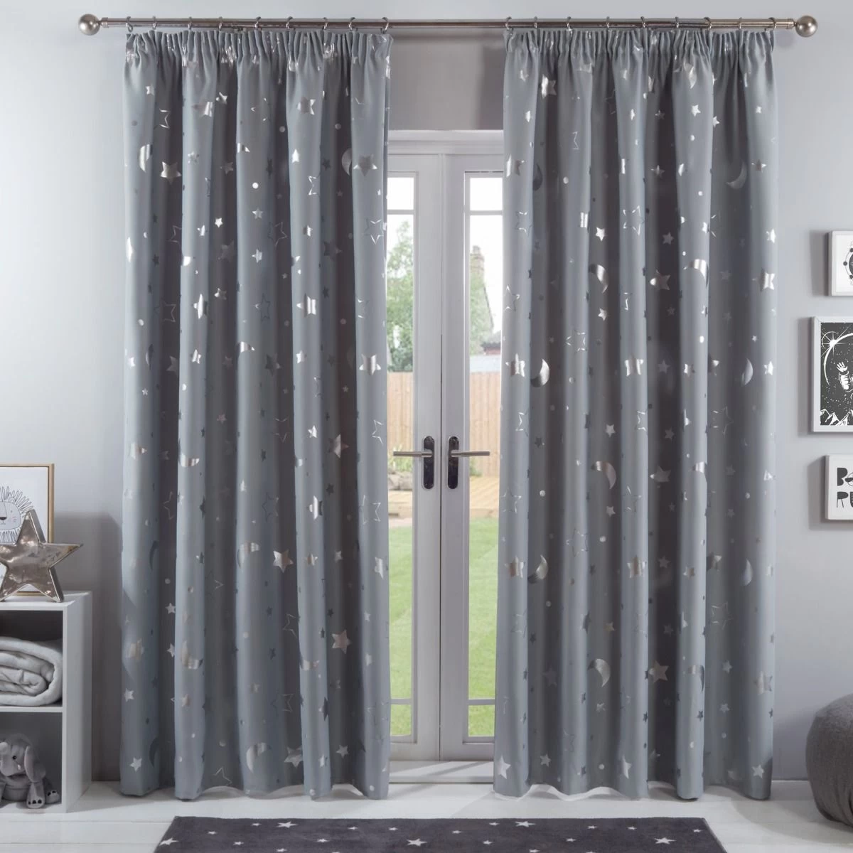 Dreamscene Galaxy Star Blackout Pencil Pleat Curtains - Silver Grey 1 Dreamscene Galaxy Star Blackout Pencil Pleat Curtains - Silver Grey