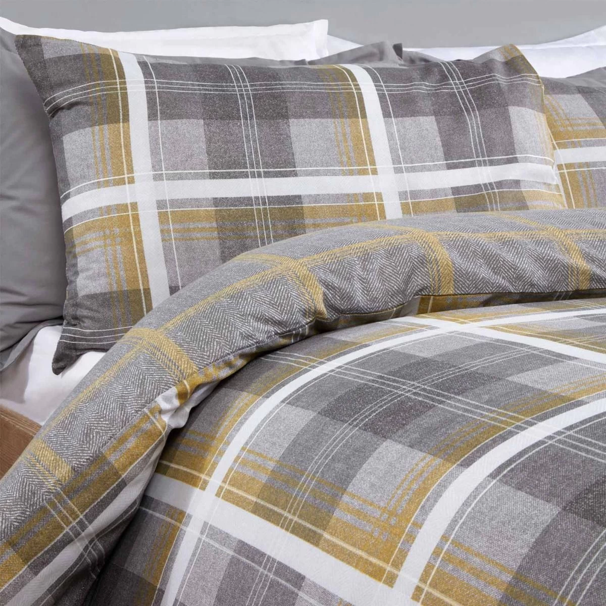 Dreamscene Denim Check Duvet Cover Set - Grey/Ochre 2 Dreamscene Denim Check Duvet Cover Set - Grey/Ochre - Image 2