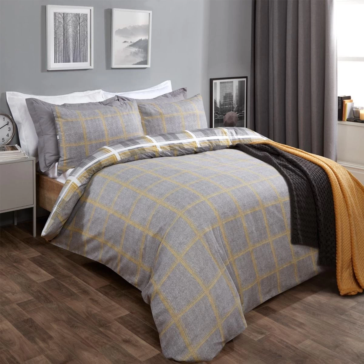 Dreamscene Denim Check Duvet Cover Set - Grey/Ochre 3 Dreamscene Denim Check Duvet Cover Set - Grey/Ochre - Image 3