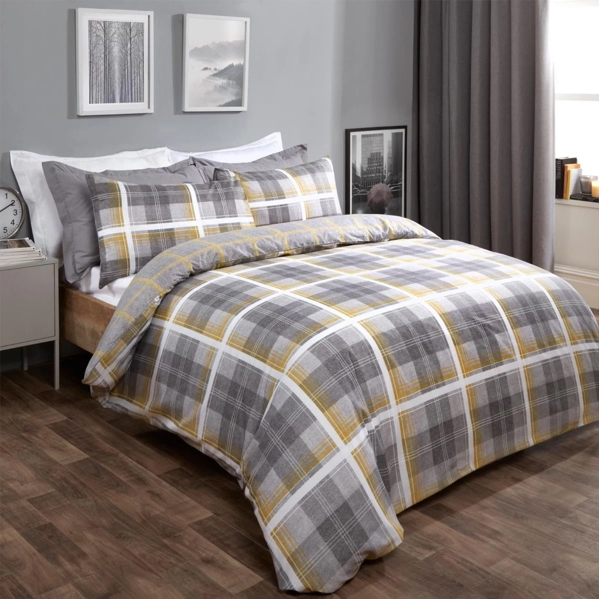 Dreamscene Denim Check Duvet Cover Set - Grey/Ochre 1 Dreamscene Denim Check Duvet Cover Set - Grey/Ochre