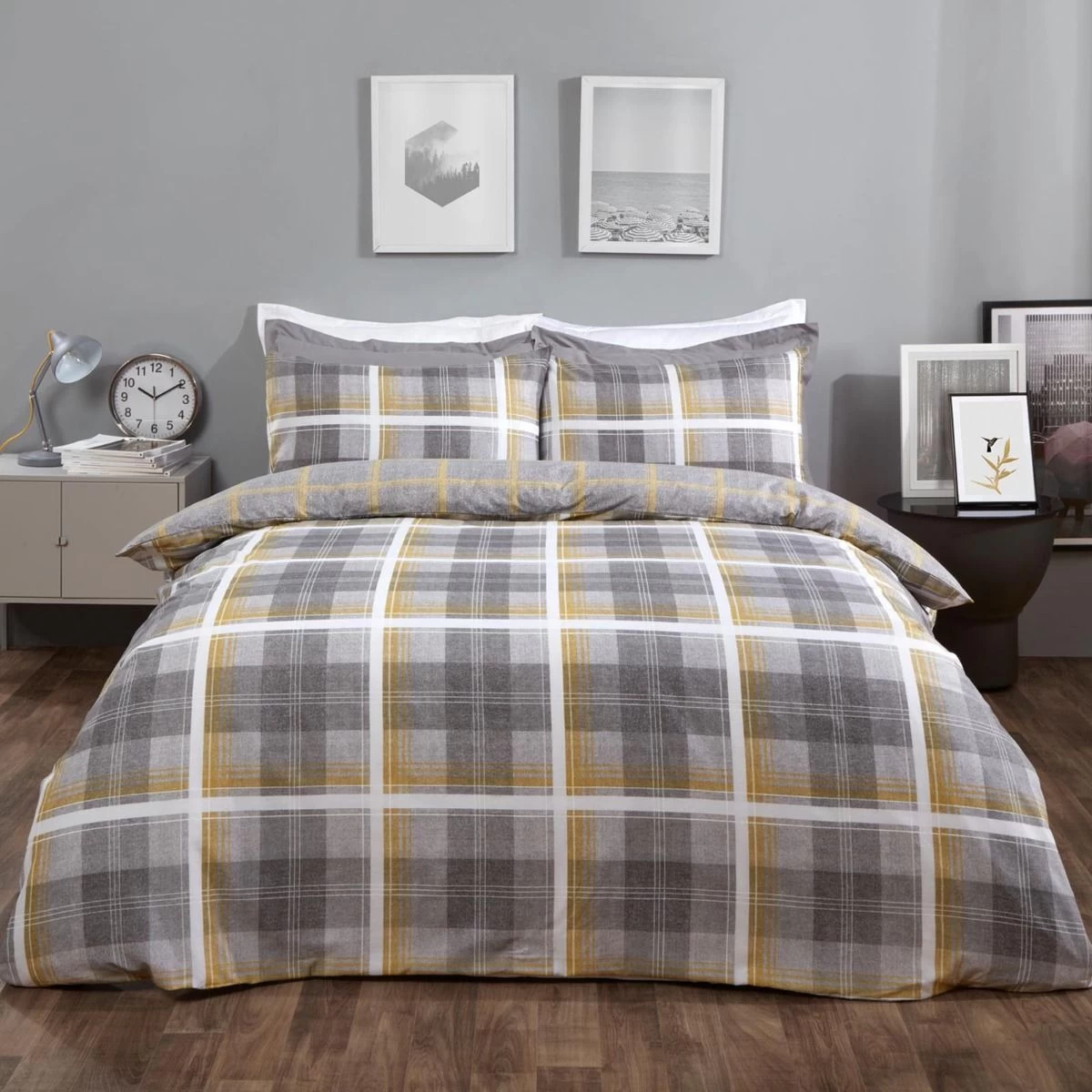 Dreamscene Denim Check Duvet Cover Set - Grey/Ochre 4 Dreamscene Denim Check Duvet Cover Set - Grey/Ochre - Image 4