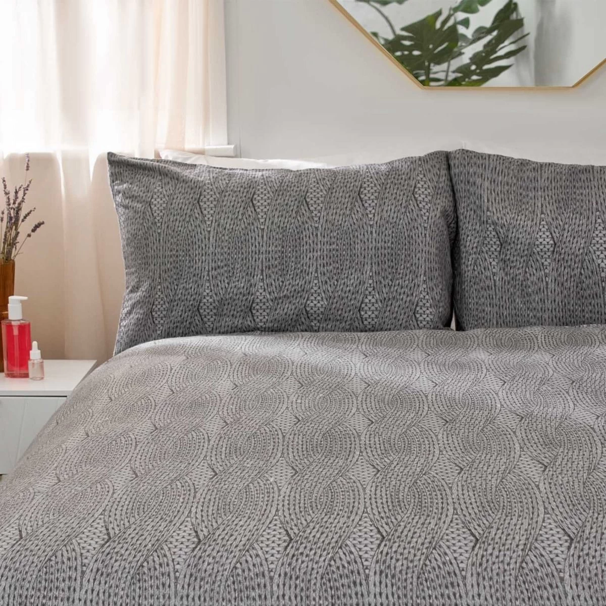 Dreamscene Chunky Knit Print Brushed Cotton Duvet Set - Grey 2 Dreamscene Chunky Knit Print Brushed Cotton Duvet Set - Grey - Image 2