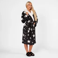 Dreamscene Star Print Hooded Sherpa Fleece Dressing Gown - Black -Sienna Store dgffstabk 2s