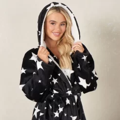 Dreamscene Star Print Hooded Sherpa Fleece Dressing Gown - Black -Sienna Store dgffstabk 6s
