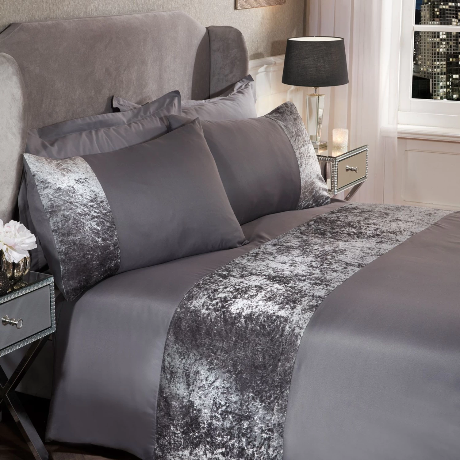 Sienna Crushed Velvet Band Duvet Set - Silver Grey 1 Sienna Crushed Velvet Band Duvet Set - Silver Grey