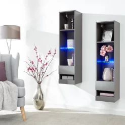 Galicia Wall Mounted Tall Shelf Unit With LED Lights - Grey