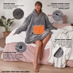 OHS Electric Heated Oversized Hoodie Blanket - Charcoal -Sienna Store grey diagram