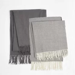 Highams 2 Pack Acrylic Throw, Plain/Chevron - Charcoal