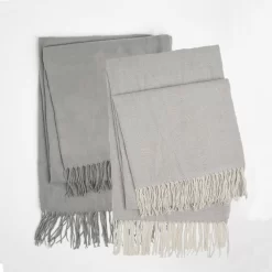 Highams 2 Pack Acrylic Throw, Plain/Chevron - Silver