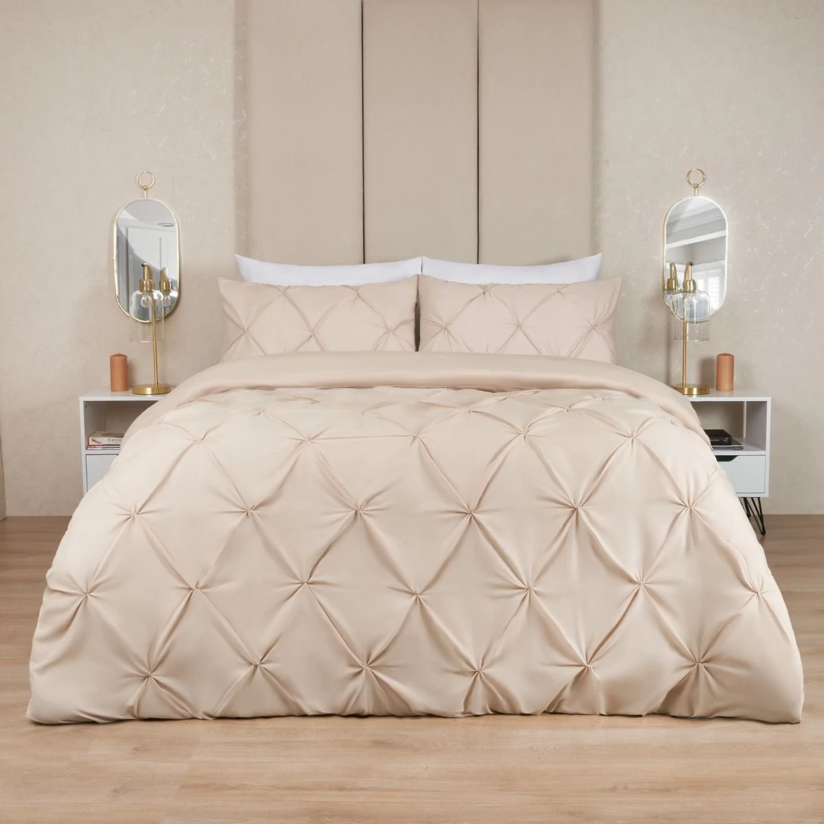 Highams Diamond Pintuck Pinch Pleat Duvet Cover Set - Beige 1 Highams Diamond Pintuck Pinch Pleat Duvet Cover Set - Beige