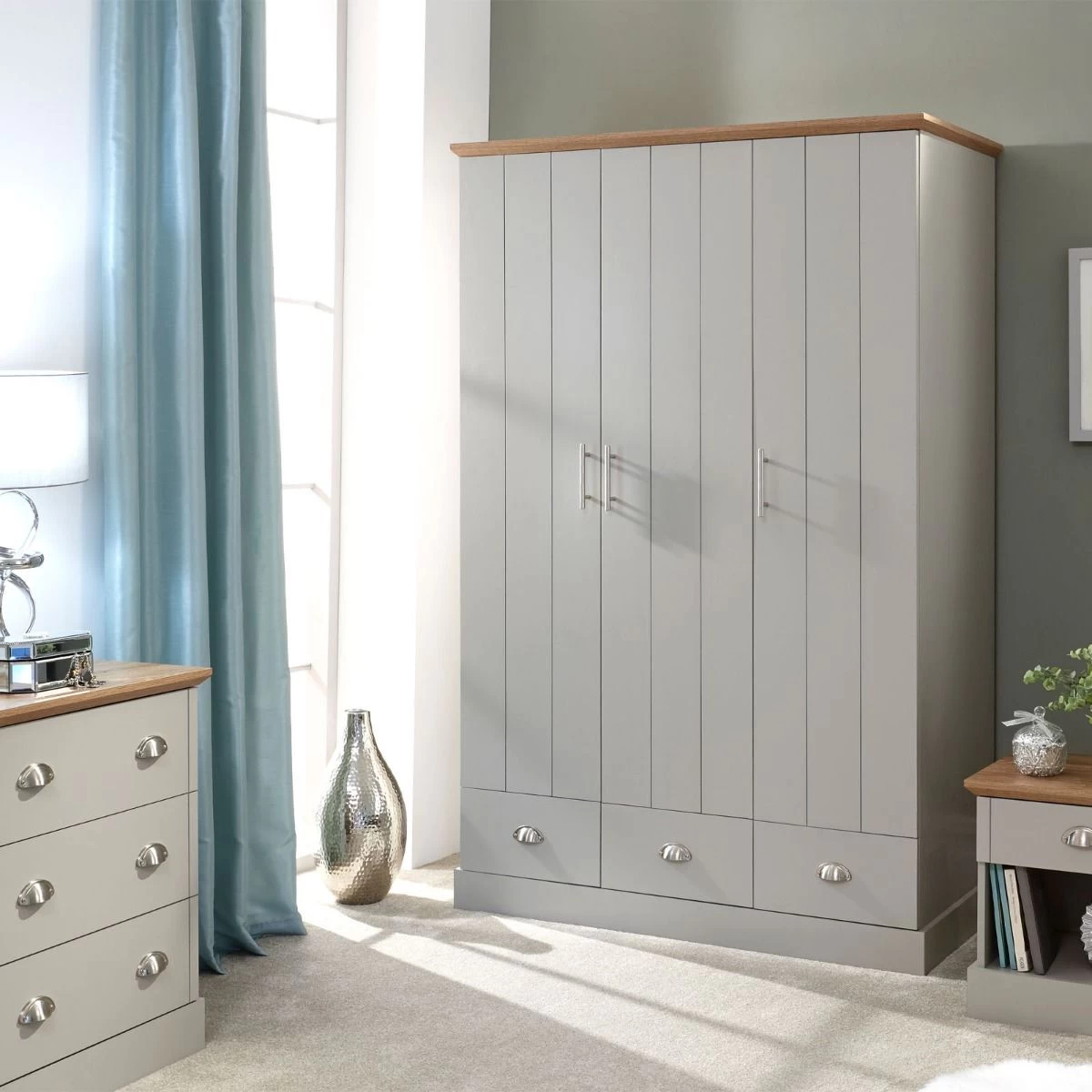 Kendal 3-Door 3-Drawer Wardrobe - Grey 1 Kendal 3-Door 3-Drawer Wardrobe - Grey