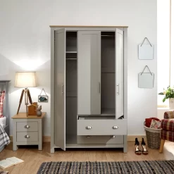Lancaster 3-Door 2-Drawer Wardrobe - Grey -Sienna Store lan32wgry 02 open