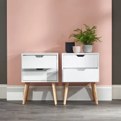Nyborg Pair Of 2 Drawer Bedside Tables - White -Sienna Store nbg2bswht nyborg bedside pair white rms 01 open may21