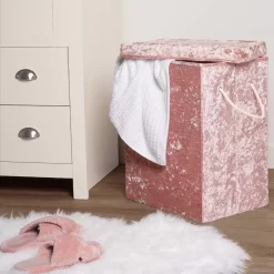 OHS Crushed Velvet Foldable Laundry Basket - Blush