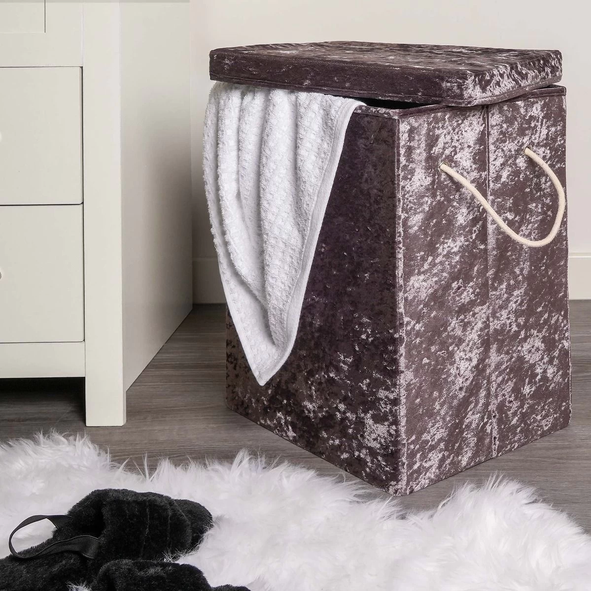 OHS Crushed Velvet Foldable Laundry Basket - Charcoal 1 OHS Crushed Velvet Foldable Laundry Basket - Charcoal