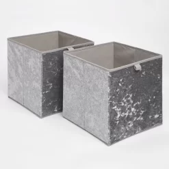 OHS Crushed Velvet Cube Storage Boxes, Grey - 2 Pack