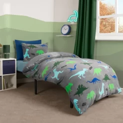OHS Dino Print Fleece Duvet Set - Grey