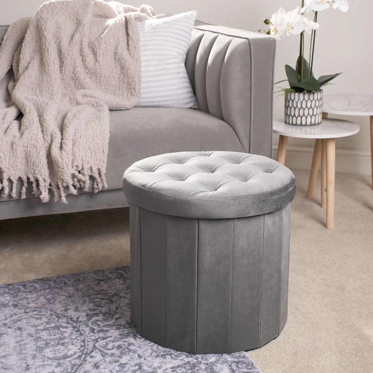 OHS Matte Velvet Round Storage Ottoman - Charcoal 1 OHS Matte Velvet Round Storage Ottoman - Charcoal