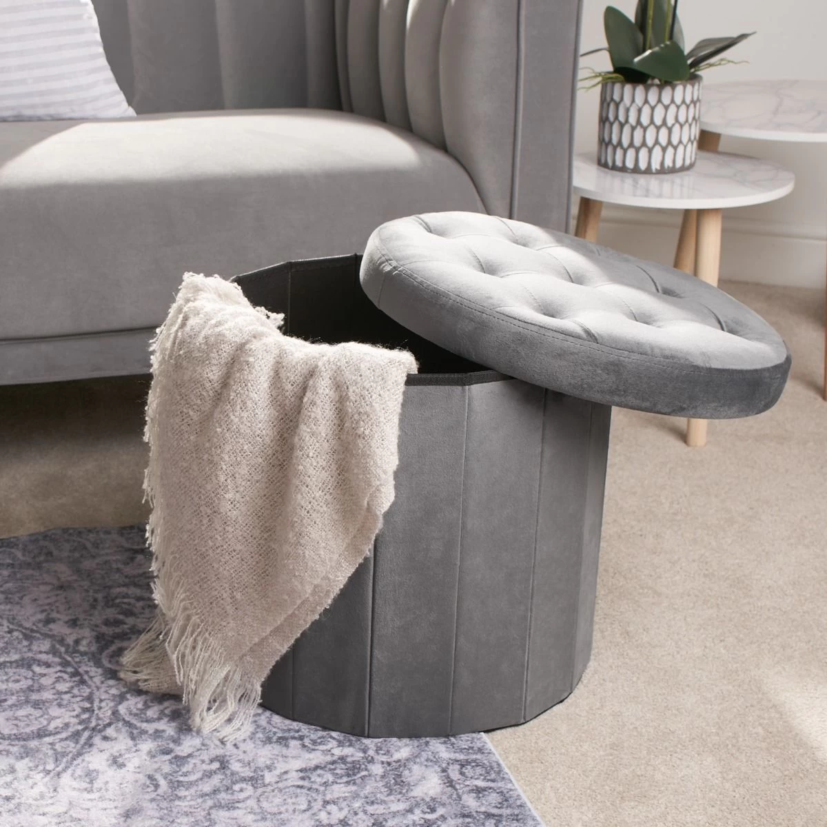 OHS Matte Velvet Round Storage Ottoman - Charcoal 2 OHS Matte Velvet Round Storage Ottoman - Charcoal - Image 2