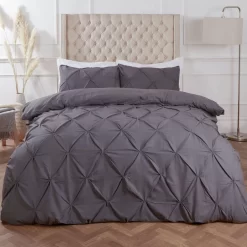 Highams Diamond Pintuck Pinch Pleat Duvet Cover Set - Charcoal