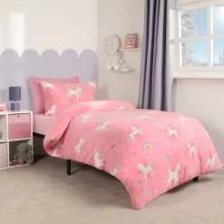 OHS Unicorn Print Fleece Duvet Set - Pink