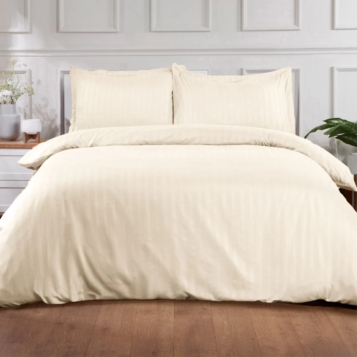 Brentfords Satin Stripe Duvet Super King Cover Set - Cream 1 Brentfords Satin Stripe Duvet Super King Cover Set - Cream