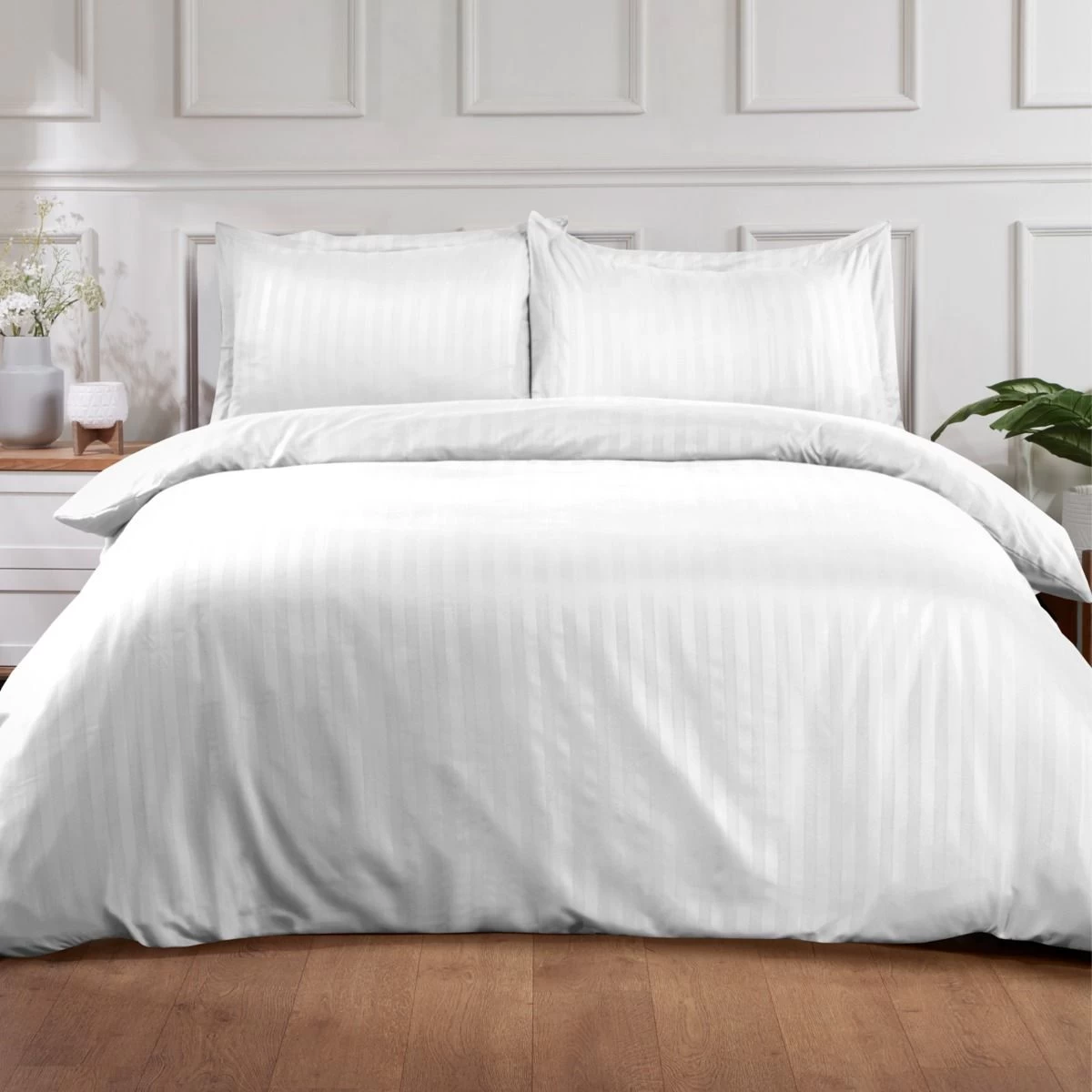 Brentfords Satin Stripe Duvet Cover Set - White 1 Brentfords Satin Stripe Duvet Cover Set - White