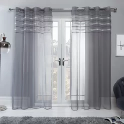 Sienna Latina Diamante Voile Net Curtains Eyelet, Charcoal Grey - 55" X 87"