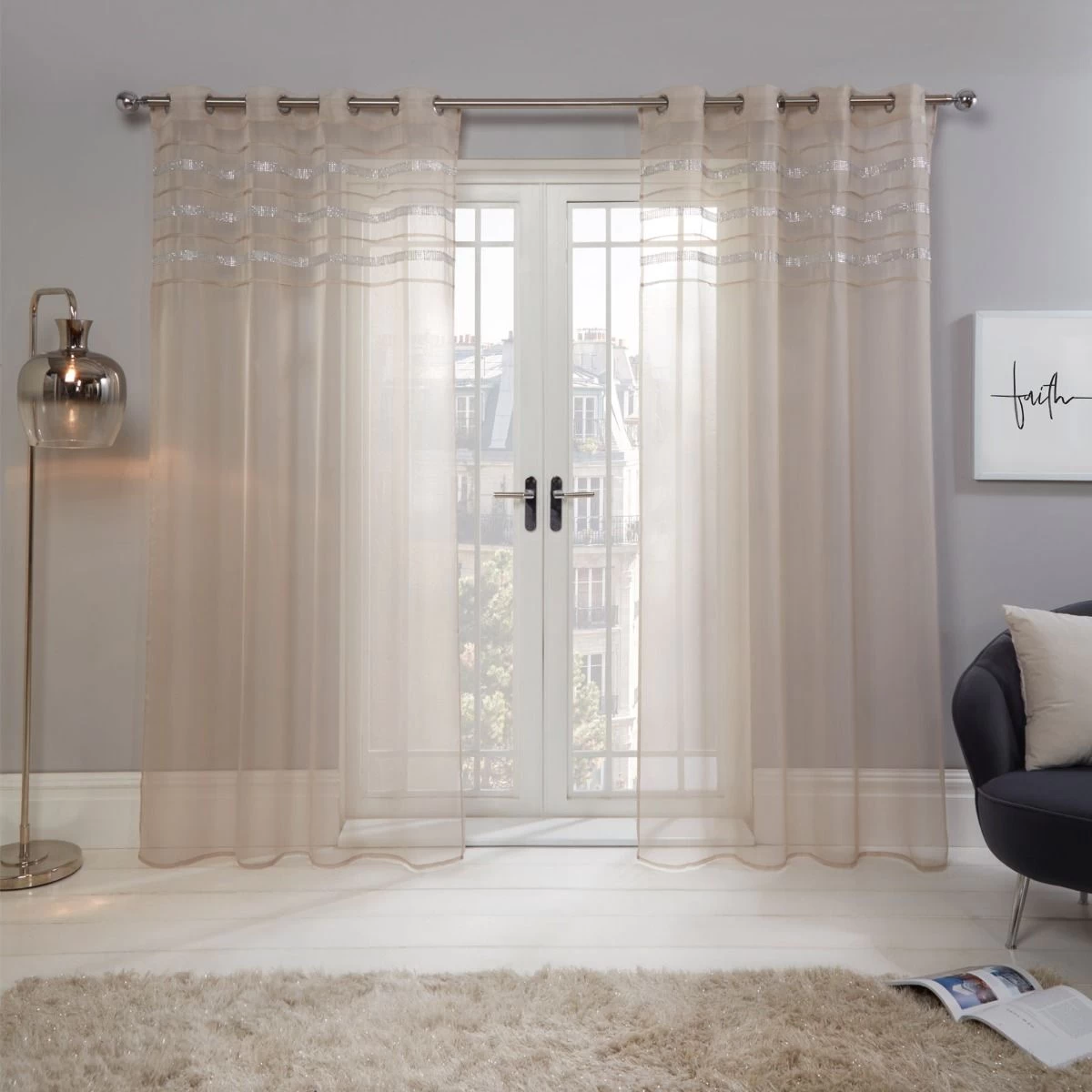 Sienna Latina Diamante Voile Net Curtains Eyelet, Natural - 55" X 87" 1 Sienna Latina Diamante Voile Net Curtains Eyelet, Natural - 55" X 87"